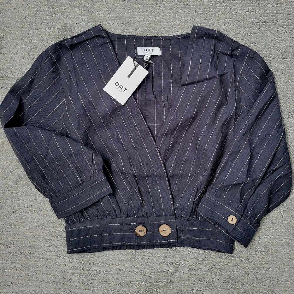 Oat New York Striped Cropped Button Wrap Top